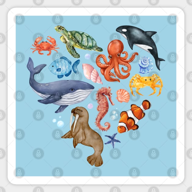 Ocean Wildlife Heart Illustration - Watercolor Mosaic Sticker by TuncGK